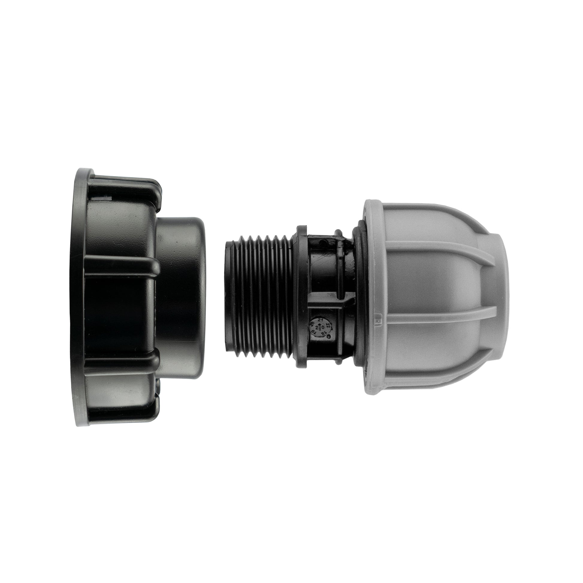 IBC 2” S60X6 cap with 40mm MDPE straight connector, black/grey plastic