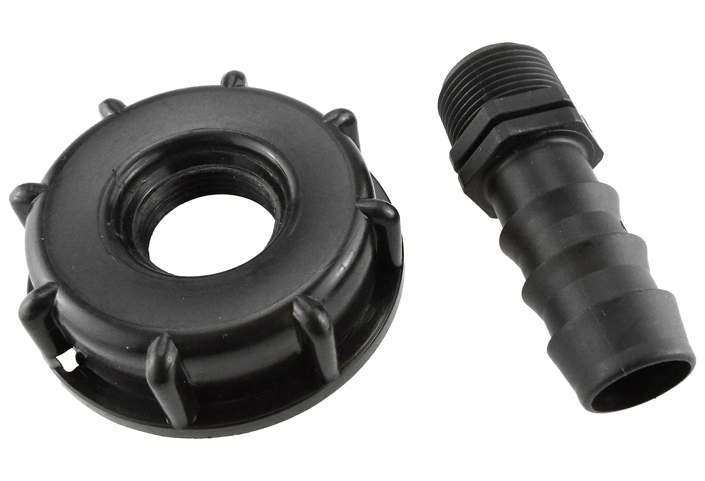 IBC cap with threaded S60x6 collar and straight barbed hose connection