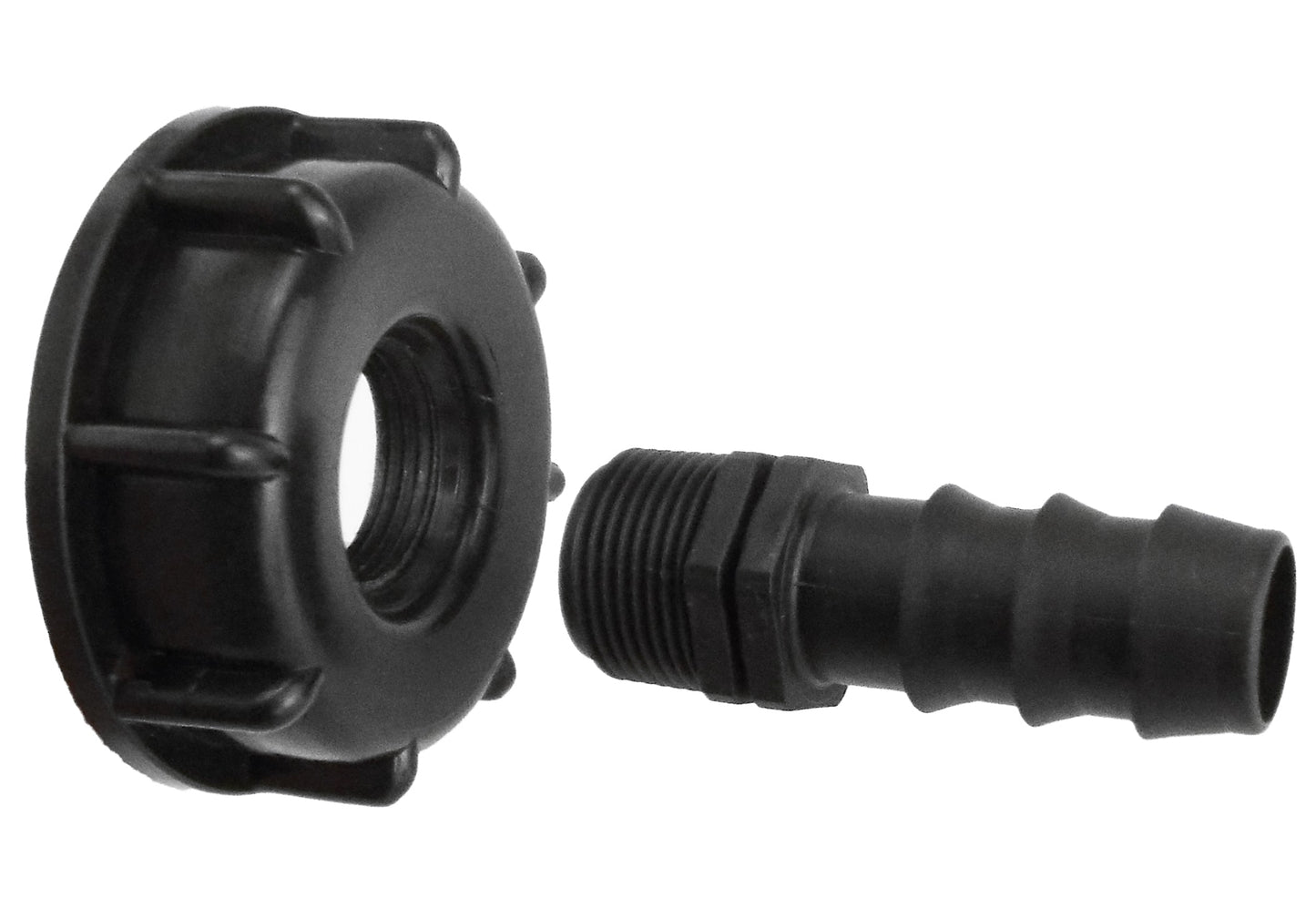 IBC 2" cap with external thread and straight 16mm barbed connector