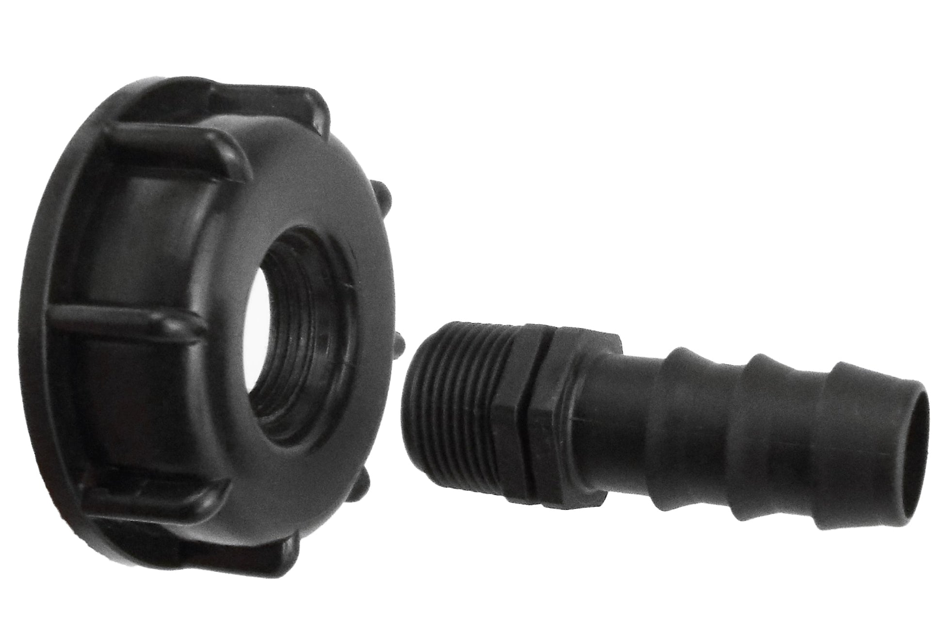 IBC 2" cap with external thread and straight 16mm barbed connector