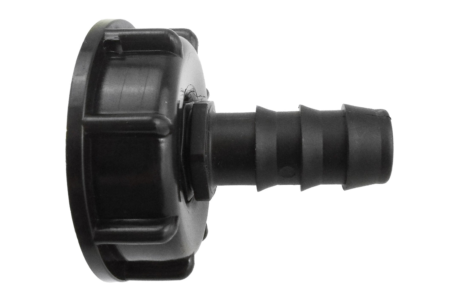 Black IBC cap with straight 16mm barb outlet and S60x6 thread