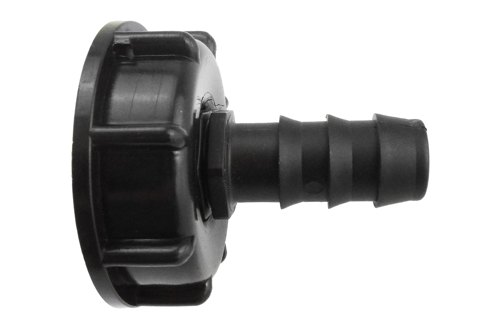 Black IBC cap with straight 16mm barb outlet and S60x6 thread