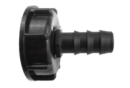 Black IBC cap with straight 16mm barb outlet and S60x6 thread
