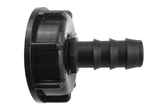 Black IBC cap with straight 16mm barb outlet and S60x6 thread