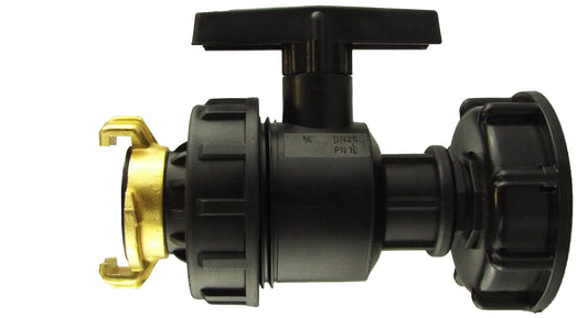 IBC 2” S60X6 cap with large plastic valve and Geka type fitting, side view