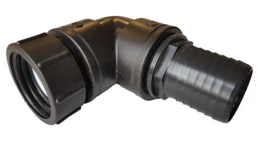 IBC 2" S60X6 cap with 2" BSP elbow and 50mm barb straight connector, black plastic