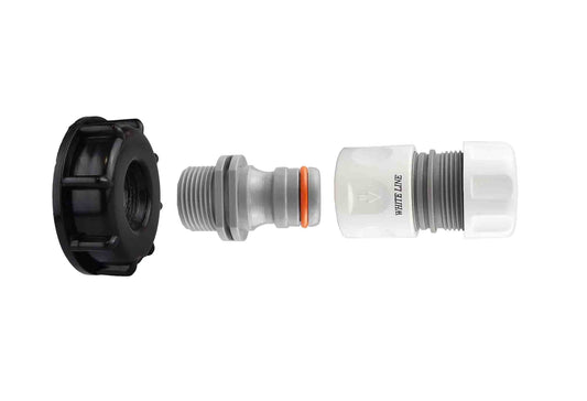 IBC 2-inch S60X6 cap with hose connectors: black end, grey/white fittings, orange seal