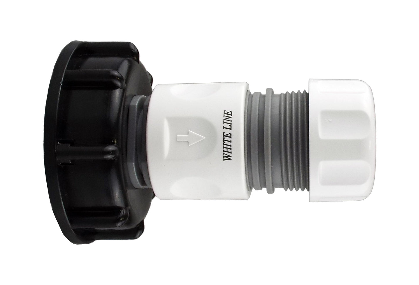 IBC 2-inch S60X6 cap with white connector, grey threads, black adapter end
