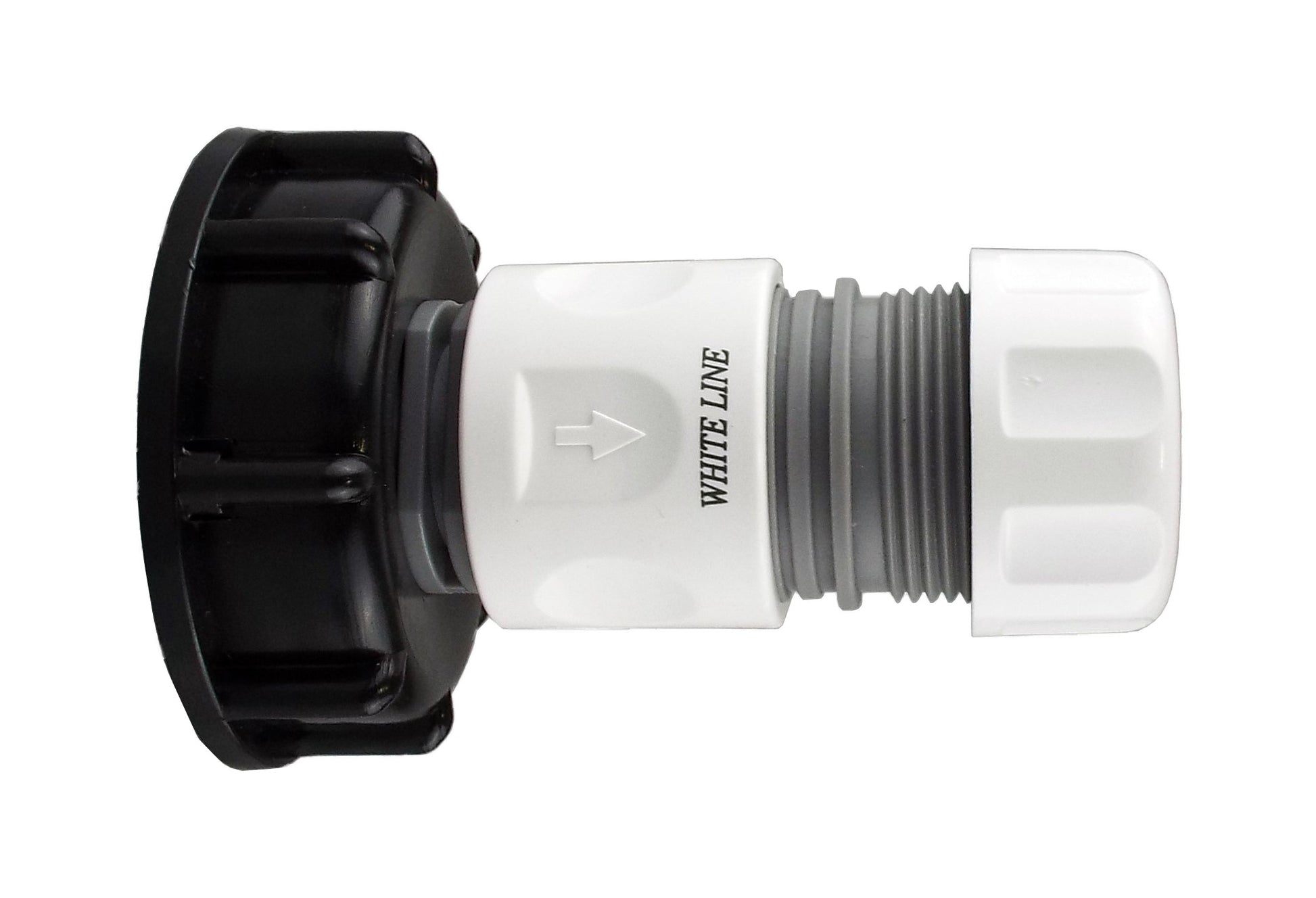 IBC 2-inch S60X6 cap with white connector, grey threads, black adapter end
