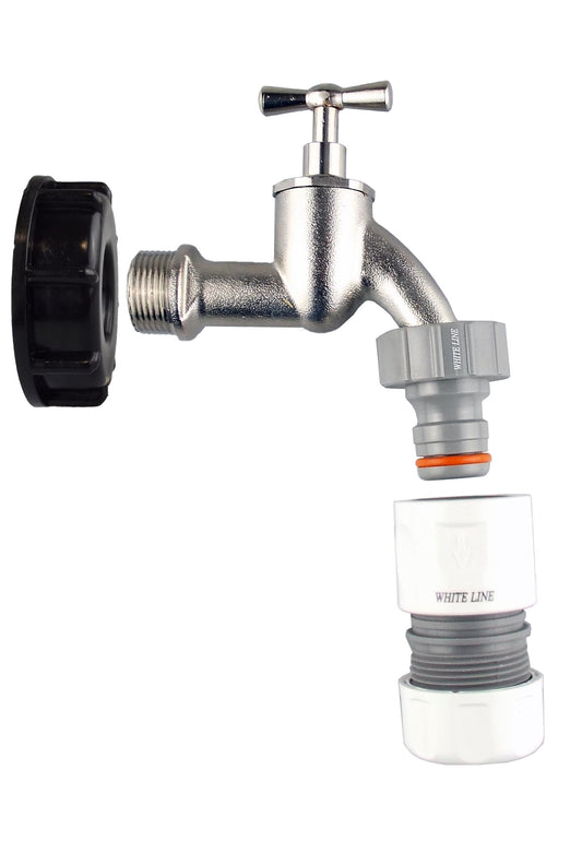 IBC 2-inch cap with bib tap and hose connectors: silver metal, black cap, gray fittings