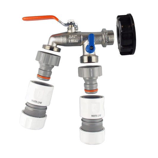 IBC 2" S60X6 cap set: double lever tap with Max Flo hose connectors