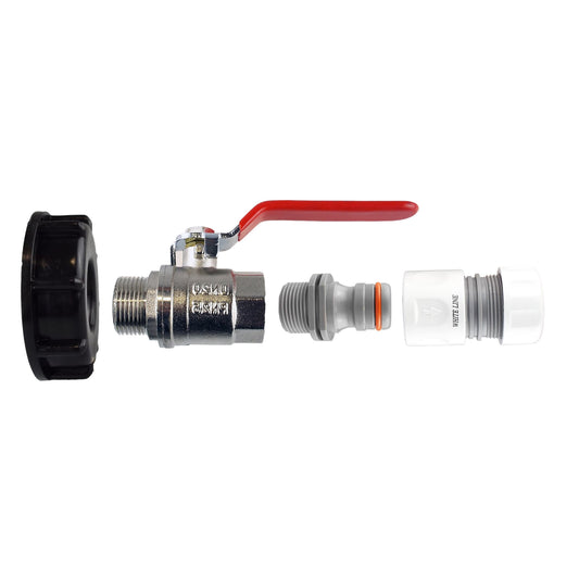 IBC 2-inch cap with lever valve and hose connectors set, red handle, silver ports