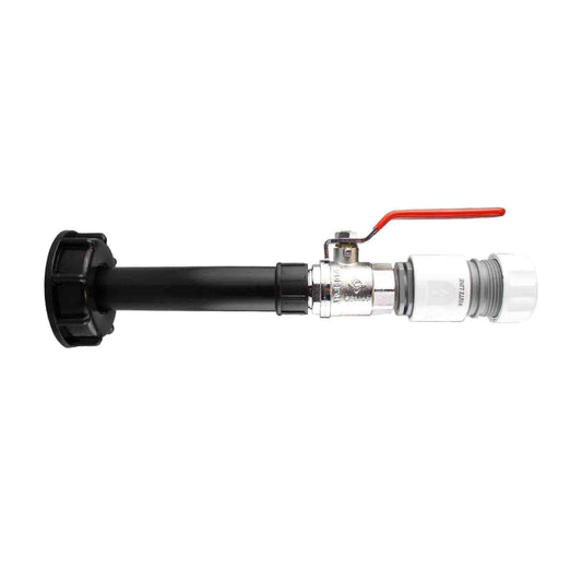 2" S60X6 IBC cap with red lever valve and white hose connector fitting