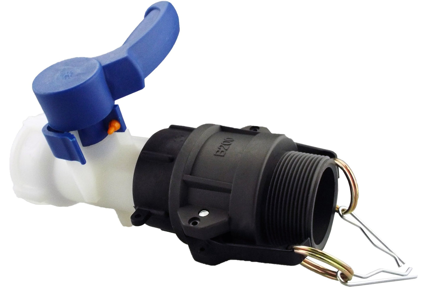 IBC 2” S60X6 camlock valve with blue lever, black threads, and securing clips