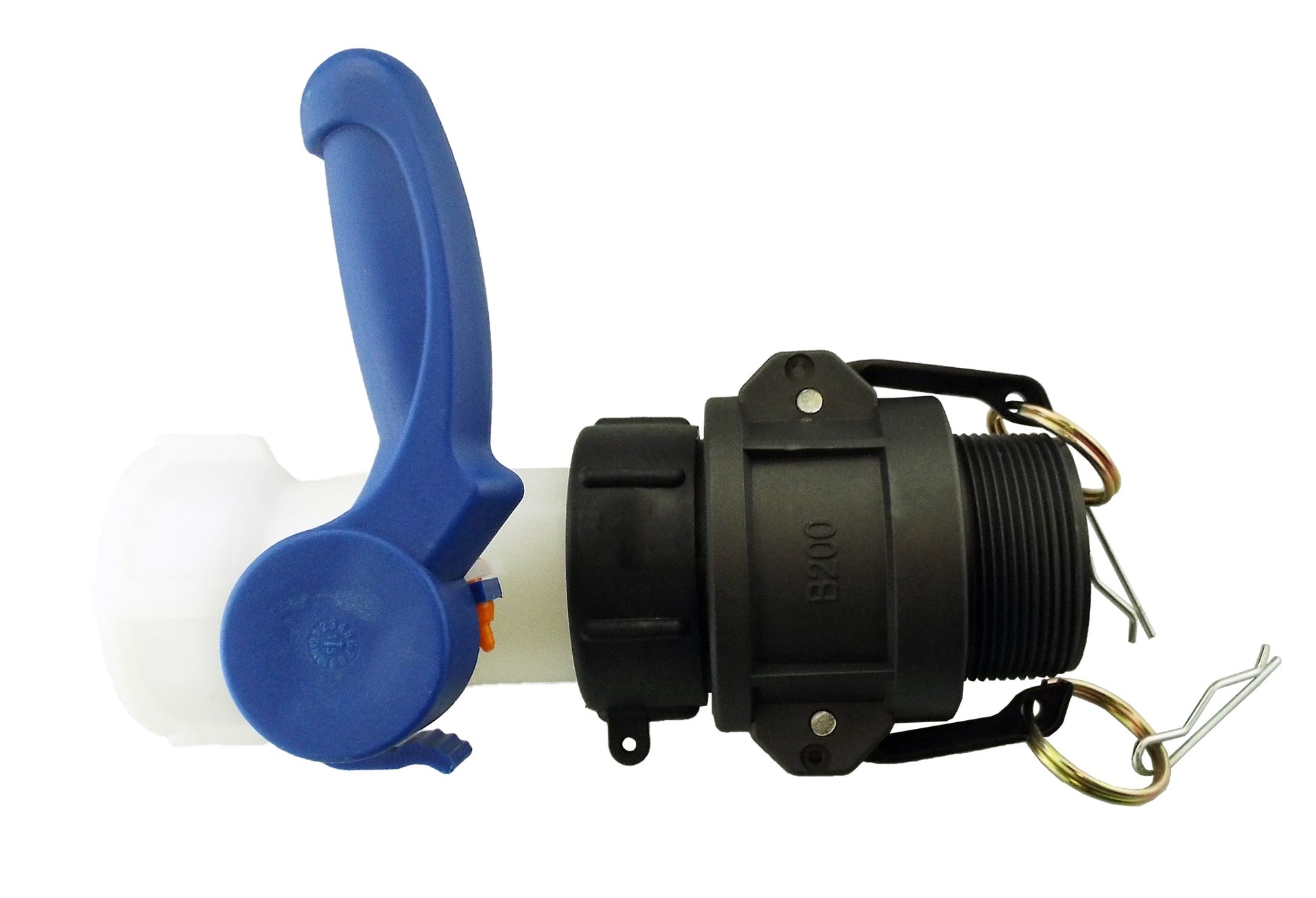 2” IBC camlock valve with blue lever and black BSP Type B camlock fitting