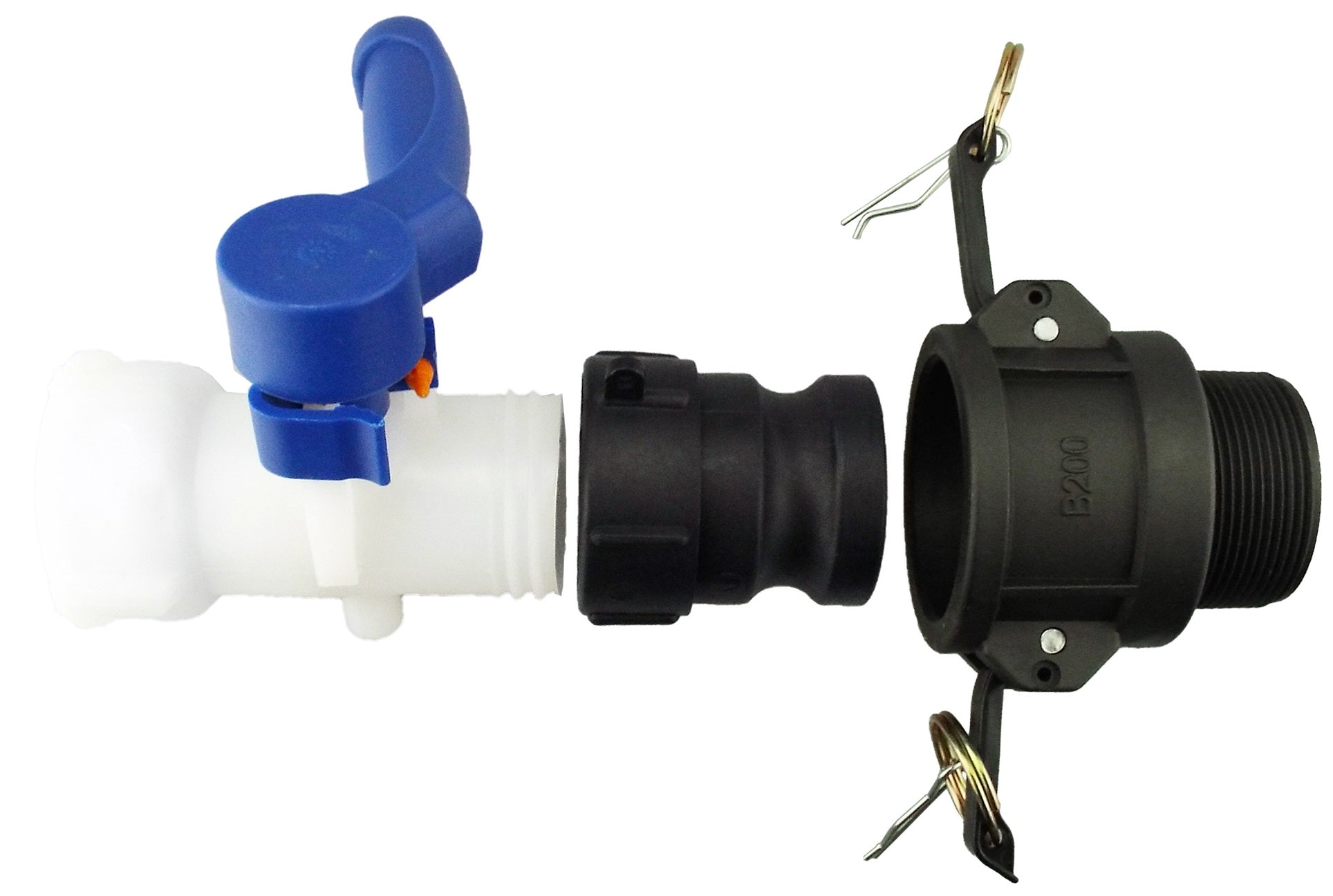 IBC 2” camlock fitting with blue handle, black body, exposed pins and latch
