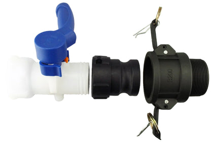 IBC 2” camlock fitting with blue handle, black body, exposed pins and latch