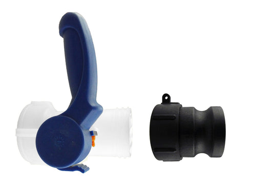 2" IBC S60x6 camlock valve fitting, blue handle with white IBC connector and black outlet