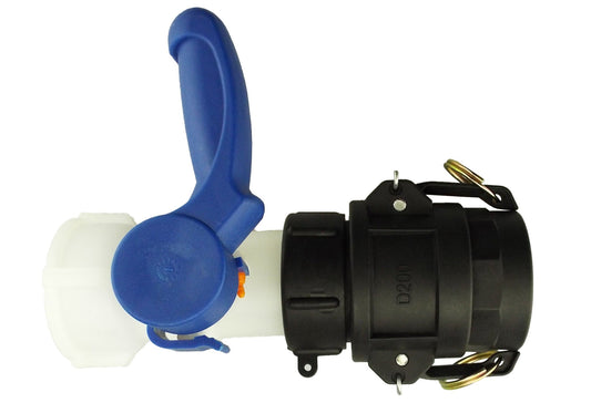 IBC 2” camlock valve: blue lever with black BSP camlock body and metal spring clips