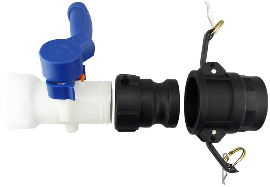 IBC Valve with blue lever, white outlet, and black 1-inch Type D camlock connection
