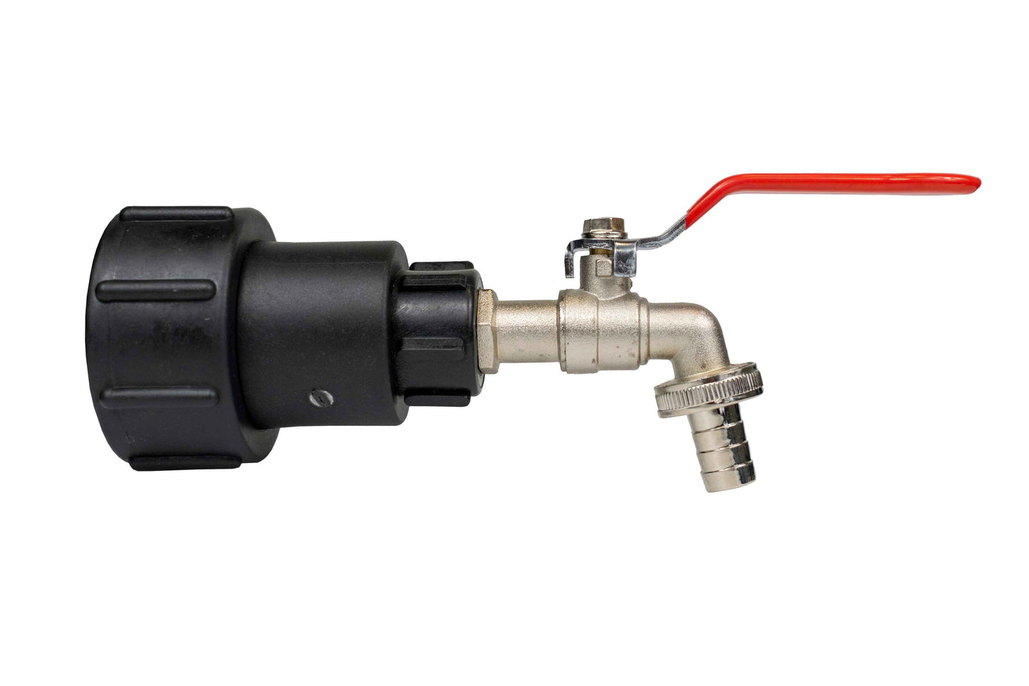 IBC 2” extender adaptor with lever tap and 1/2” barb fitting, black collar and brass body