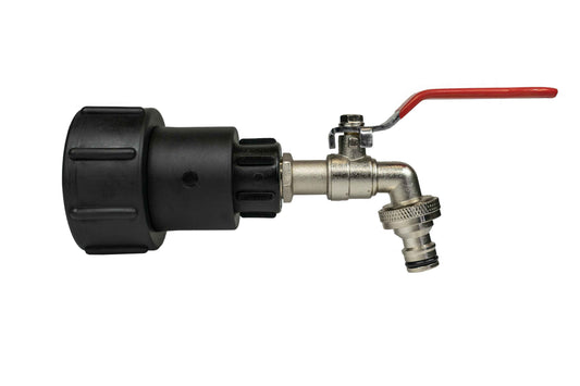 IBC S60X6 to 1/2" BSPF extender adaptor with red lever quick-connect tap, black collar