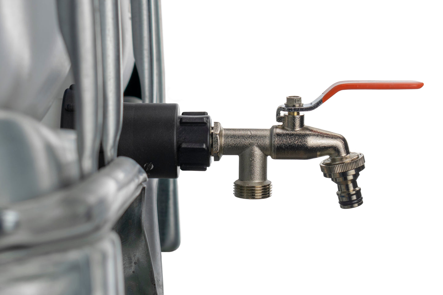 IBC-Adapter-Armatur mit orangefarbenem Hebel und 1/2" BSP-Anschlussgewinde