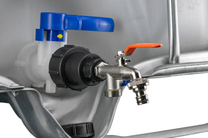 IBC-Adapter mit Metallhahn und orangefarbenem Hebel, Seitenanschlüsse mit Gewinde