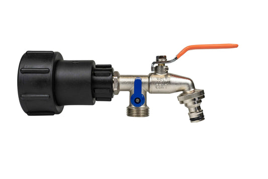 IBC 2 S60X6 Adapter mit ¾ BSP Auslass, Doppelhebelhahn und schwarzem Anschluss