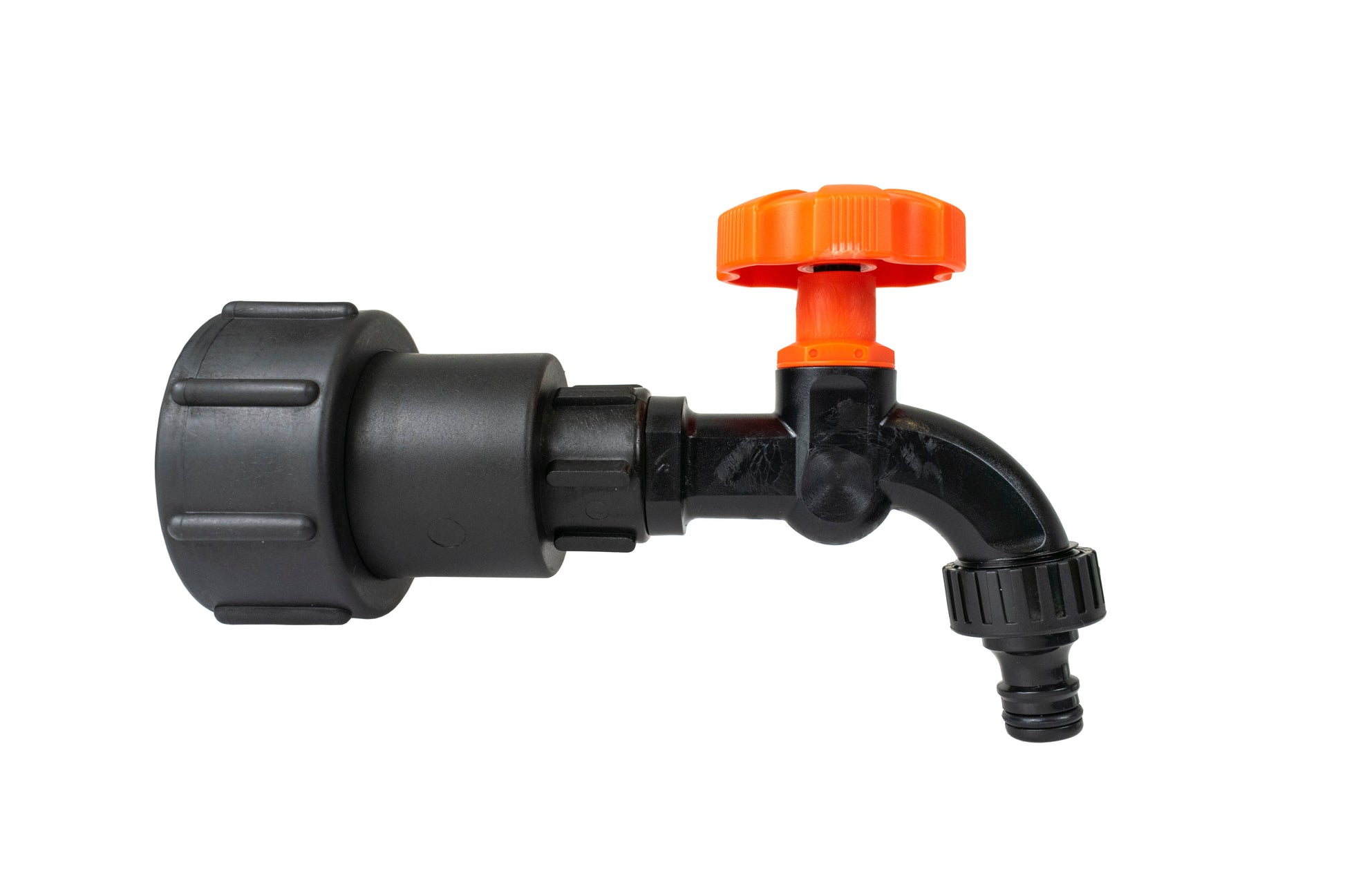 IBC S60X6 to 1/2" BSPF extender adaptor with plastic bib tap, black/orange