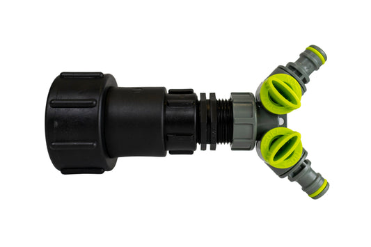 IBC Extender Adapter, 2-way splitter, ¾" BSP thread fitting, black/grey & green