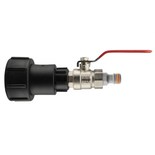 IBC extender adaptor with lever valve and male quick connector, red lever