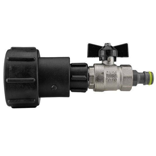 IBC 2” extender adaptor with butterfly valve and male quick connector, black outlet coupling