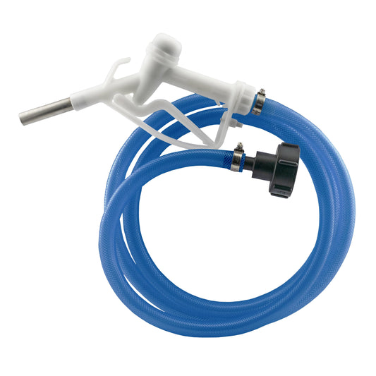 White metal Ad-Blue fuel gun with 3/4 in hose adaptor and blue hose
