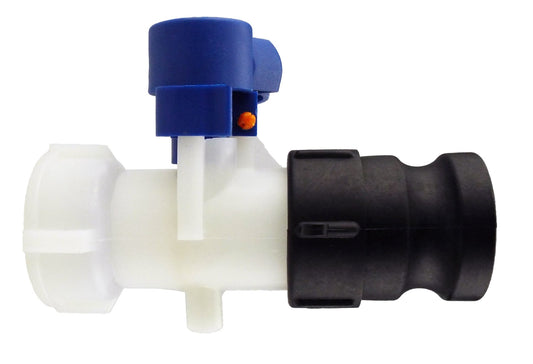 3” IBC valve with S60X6M/S60X6 camlock, blue lever on white body