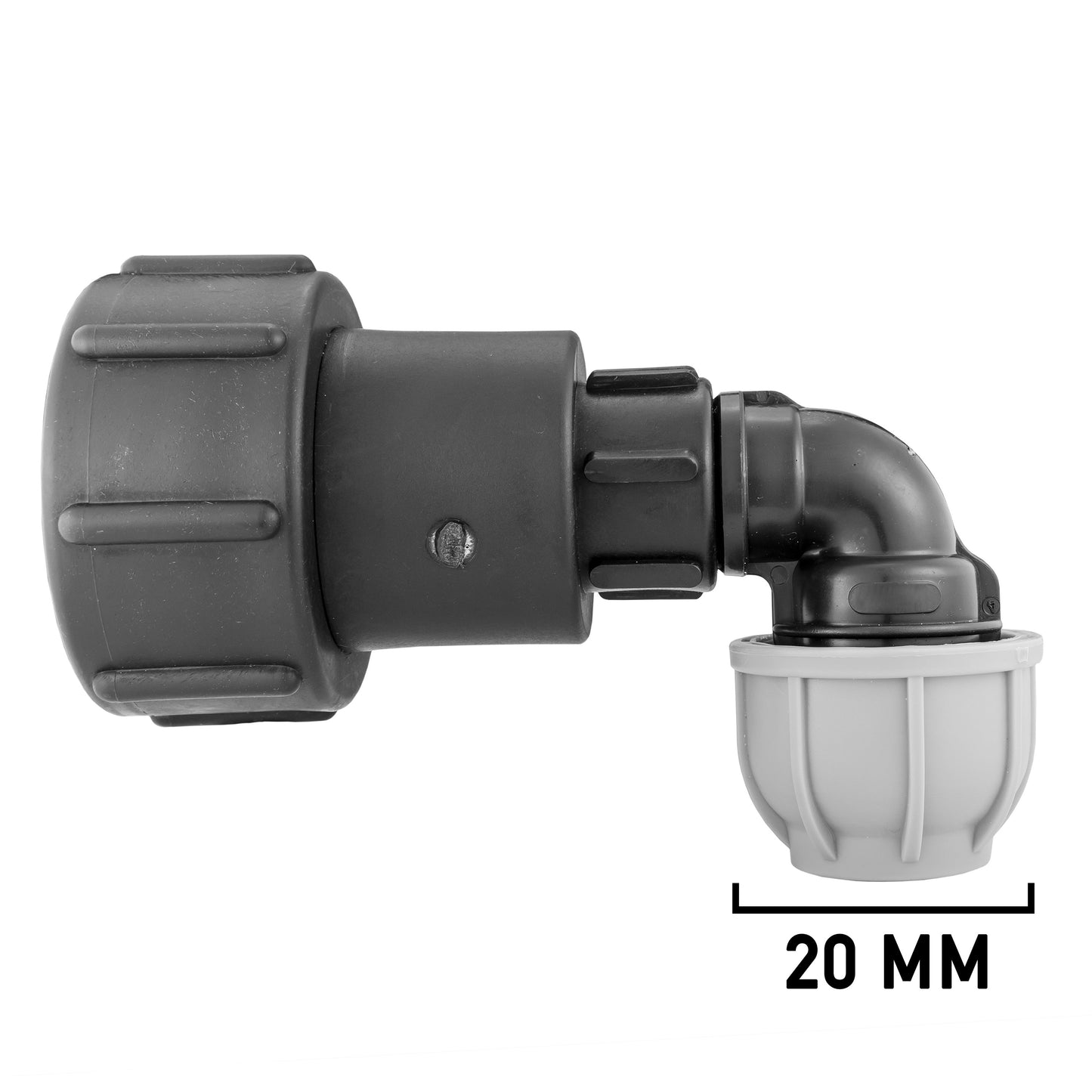 IBC adaptor with 20mm MDPE elbow, black plastic fitting and 3/4" BSPF connection