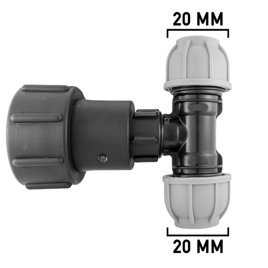 IBC adaptor with MDPE tee, 3/4" BSPF thread, 20mm outlets, grey/black connector