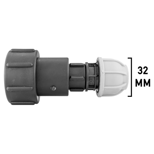 IBC-Adapter S60X6 auf 1" BSPF, gerades 32-mm MDPE-Anschlussstück, grau/weiß