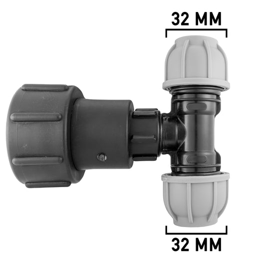 IBC 2” S60X6 to 1” BSPF adaptor with MDPE tee, 32mm ports