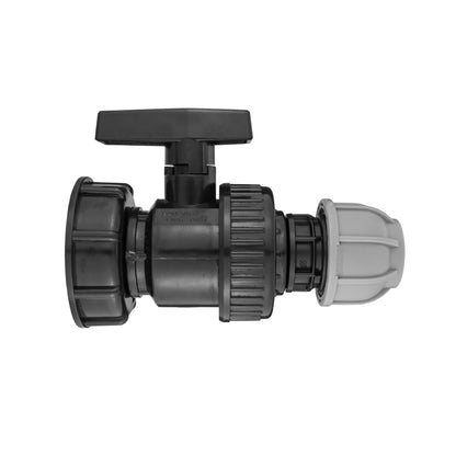 IBC 2" S60X6 cap with large plastic valve and 20mm MDPE straight outlet