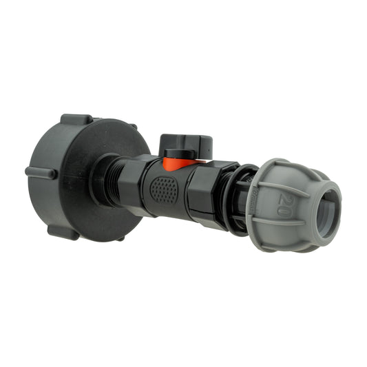 IBC 2" cap with inline BSPF valve, MDPE straight 20mm fitting; black/grey body