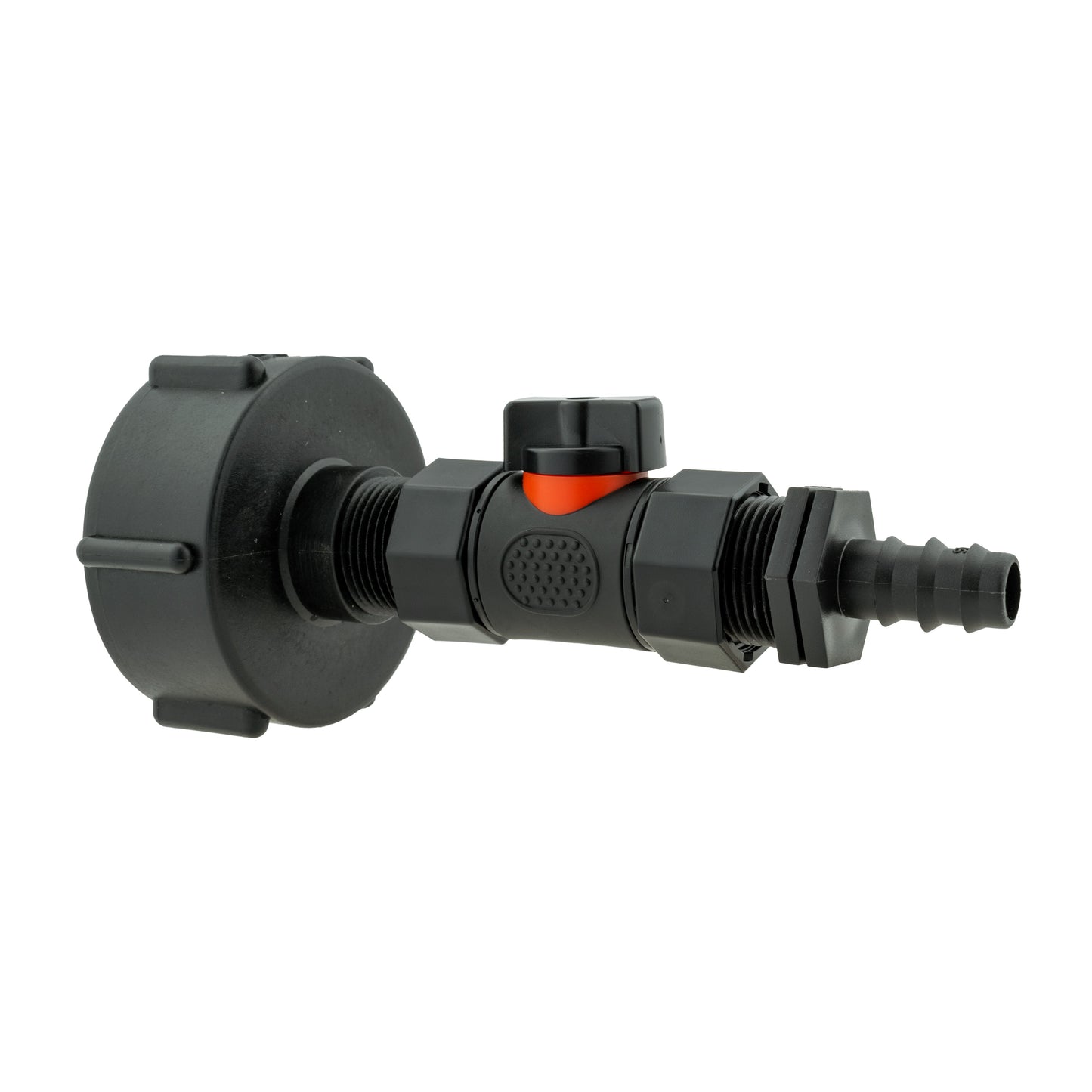 IBC cap with in-line BSPF valve and 16mm straight barb outlet, black body with orange insert