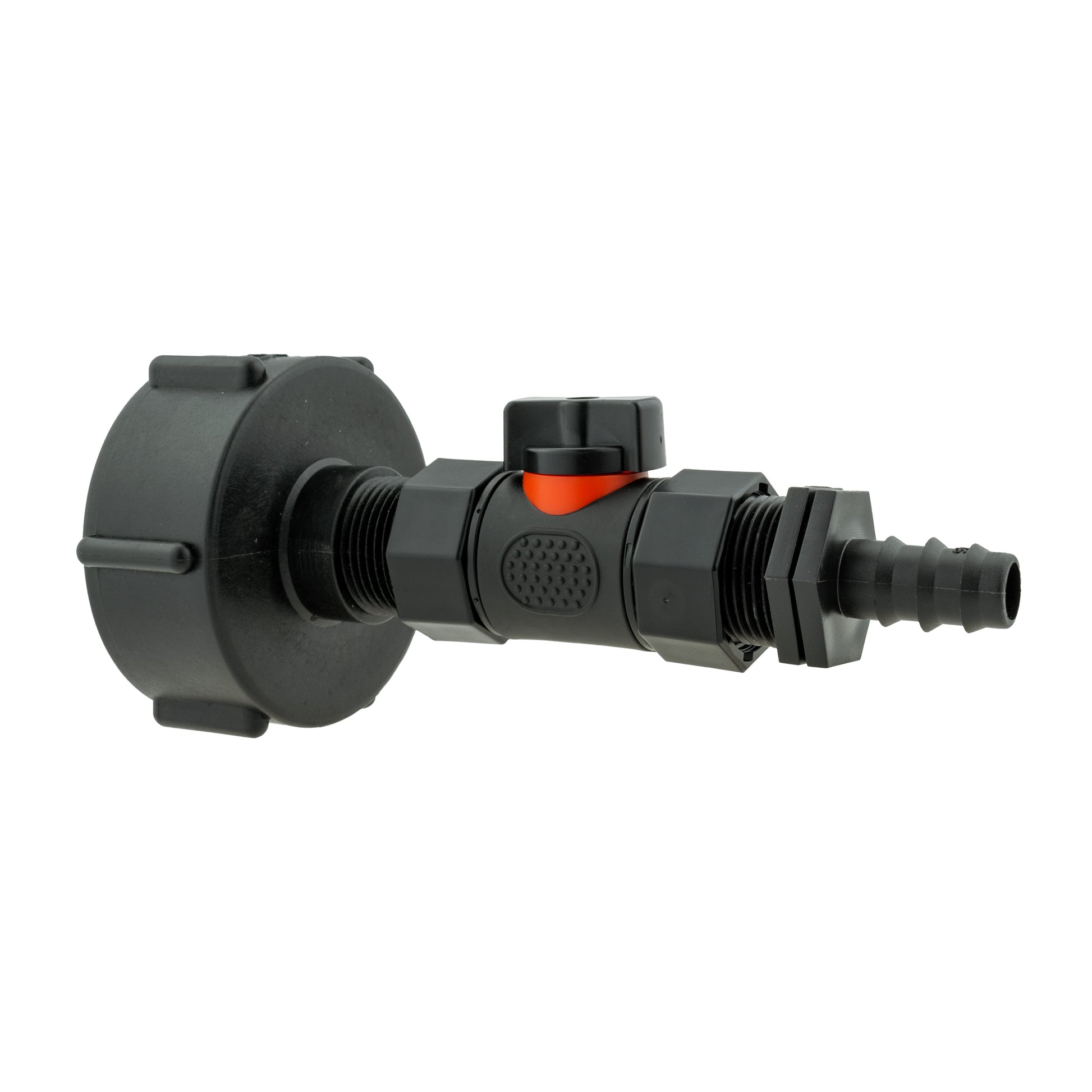 IBC cap with in-line BSPF valve and 16mm straight barb outlet, black body with orange insert