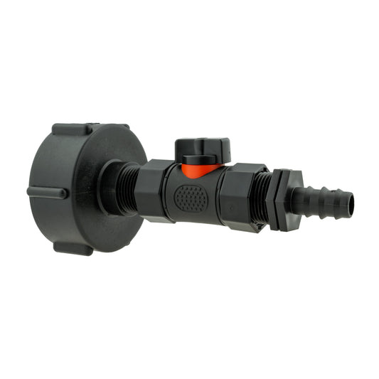 IBC cap with in-line BSPF valve and 16mm straight barb outlet, black body with orange insert