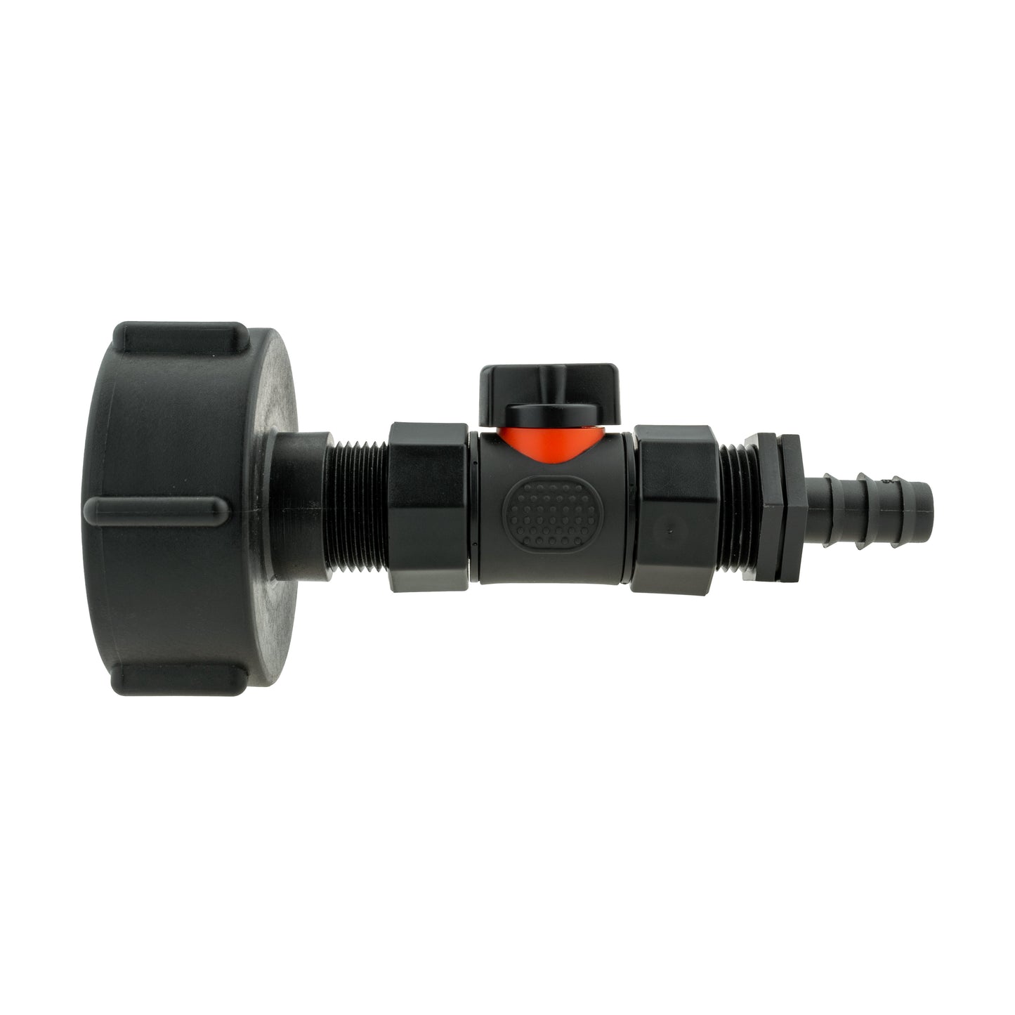 In-line BSPF valve on IBC cap fitting with 16mm barbed straight port, black with orange center