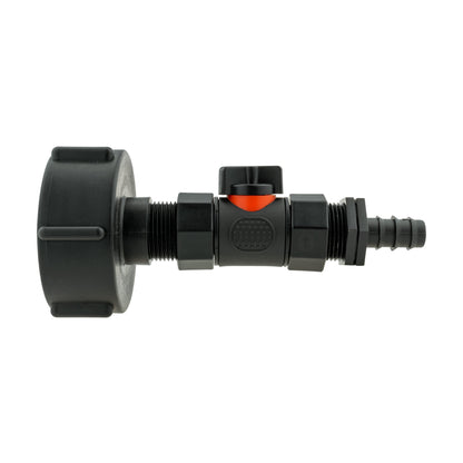 In-line BSPF valve on IBC cap fitting with 16mm barbed straight port, black with orange center