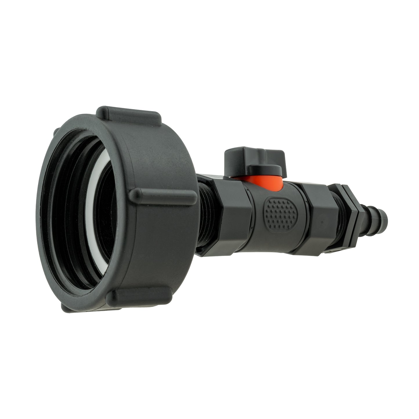 IBC 2 inch S60X6 cap with BSPF valve and 16mm barbed straight outlet, side view