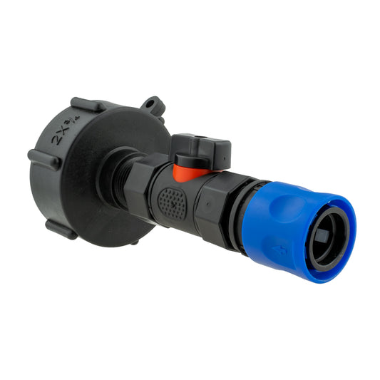 IBC cap adapter with in-line BSPF valve and 3/4" BSPM female hose connector, blue end