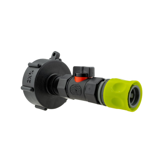 IBC cap adapter with in-line valve and lime hose connector, S60X6 thread side