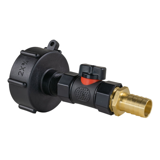 IBC 2 in S60X6 cap with inline BSPF valve and 19mm brass barbed outlet